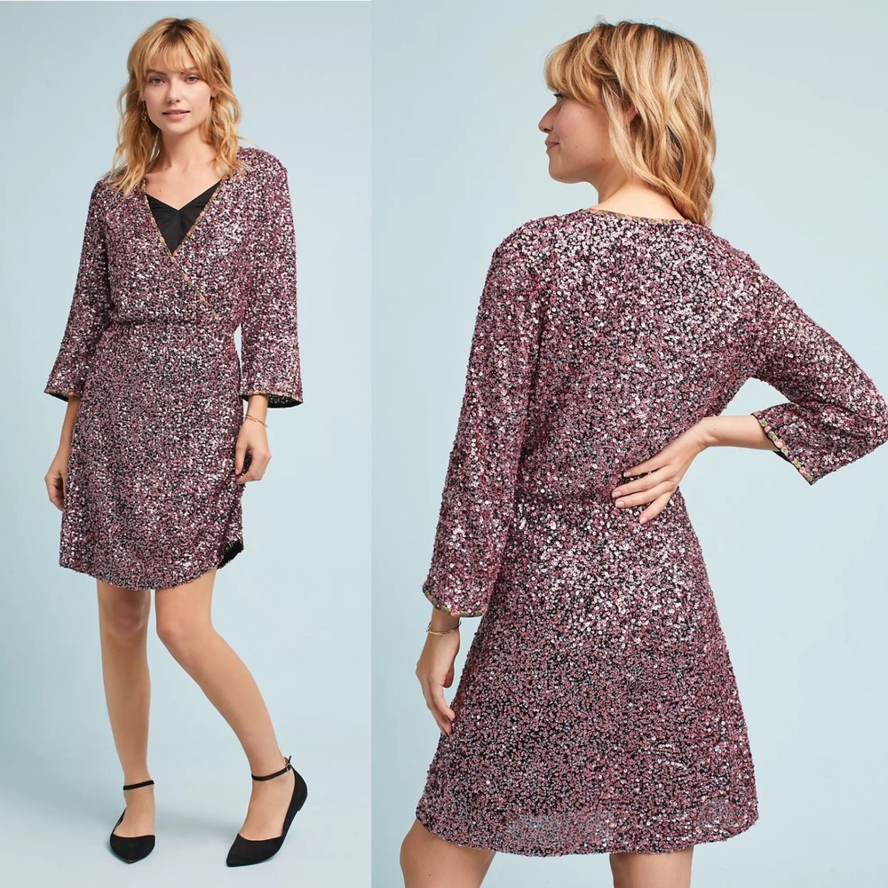 New Varun Bahl Womens Dress 2 Purple Sequin Wrap Embroidered Anthropologie Bali